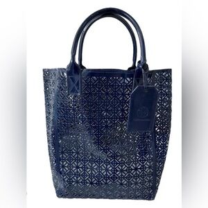 Tory Burch Navy Perforated Leather Tote with Luggage Tag